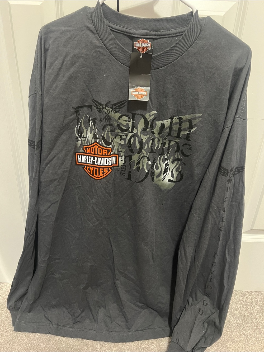 Harley-Davidson Wauwatosa WI Black Long-Sleeve Graphic Tee with Orange Logo